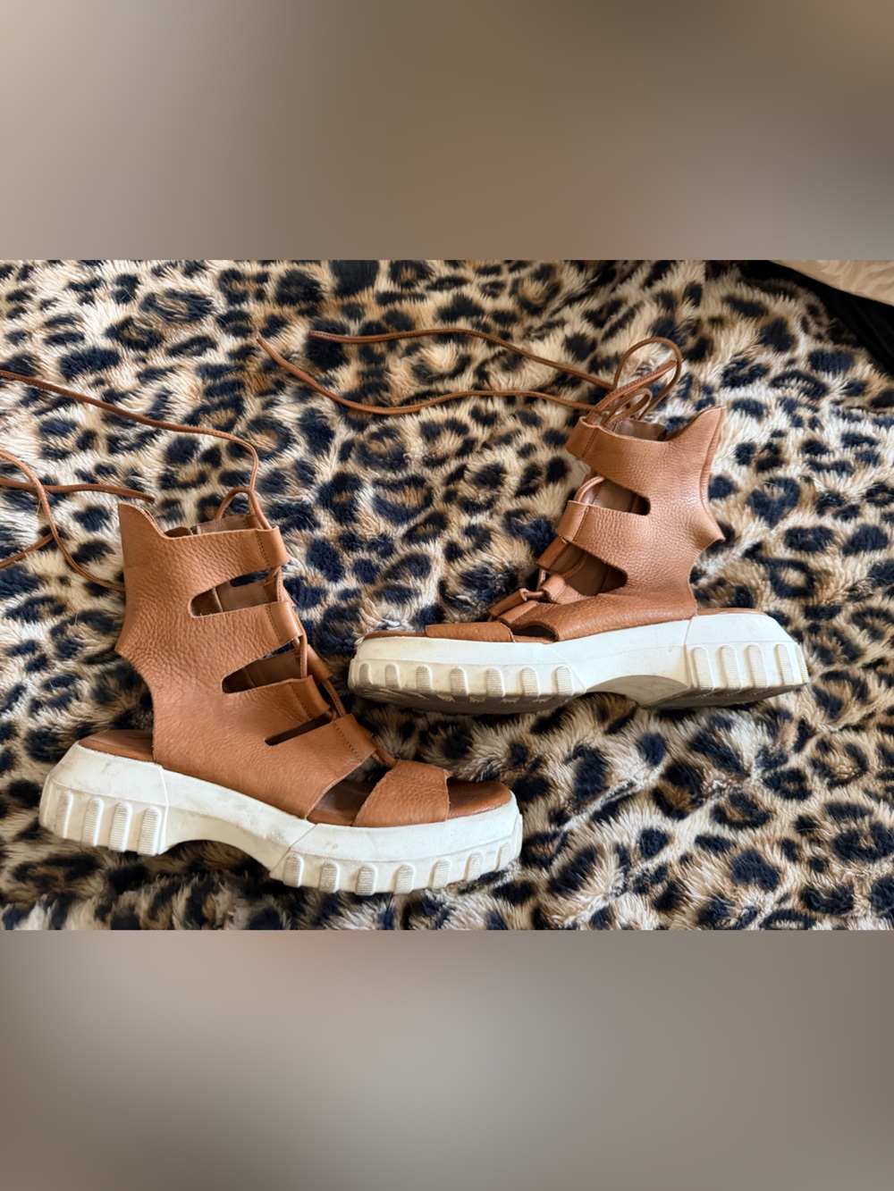 Free People Tan Lace-Up Leather Platform Sandals 9